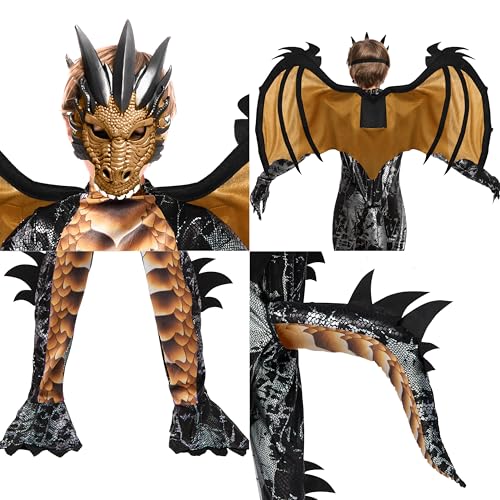 Spooktacular Creations Halloween Kids Gold dragon Costume, Boys Dragon Wings, Tail and Mask Set for Halloween Dress Up