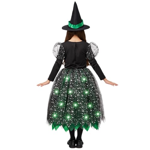 Spooktacular Creations LED Light up Witch Costume for Girls, Green Witch Costume with Hat and Broom, Sweet Witch Costume Fantastical Designs