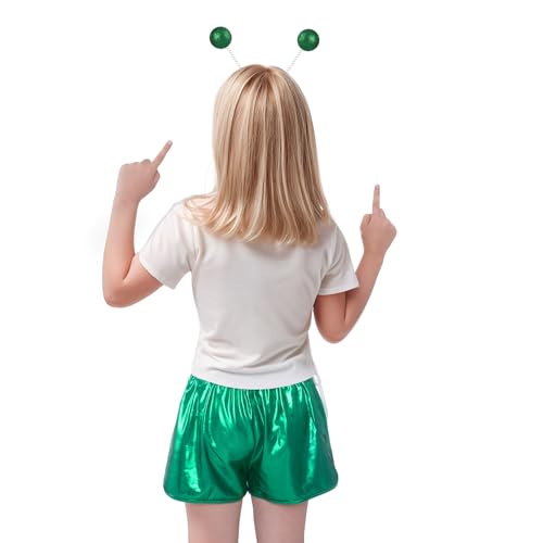 Bskifnn Alien Costume Metallic Shorts with Headband Space Costume Accessories for Boys and Girls for Party,Hallowen,Cosplay (Green, 6-7 Years)