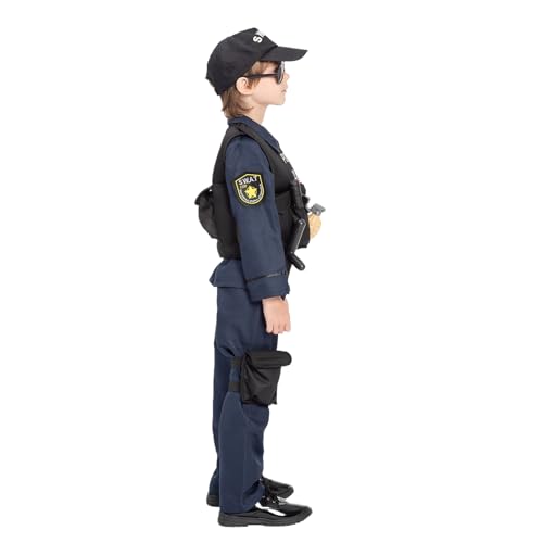 JAZGROM Kids SWAT Police Officer Costume with Vest and Accessories, Boys and Girls Role Play Kit, Halloween Cop Cosplay Dress Up