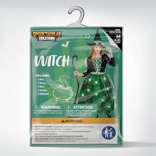 Spooktacular Creations LED Light up Witch Costume for Girls, Green Witch Costume with Hat and Broom, Sweet Witch Costume Fantastical Designs