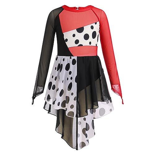Girls Dalmatian Costume Halloween Cosplay Carnival Birthday Party Themed Fancy Dress Up Kids Ice Figure Skating Ballet Dance Outfit Mesh Long Sleeve Leotard Dress Gymnastics Dancewear Black + Red 3-4Y