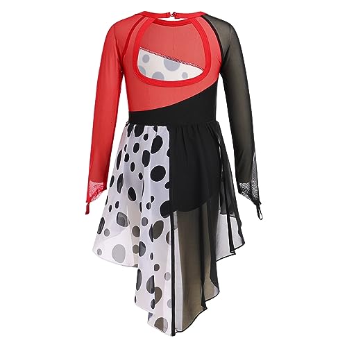 Girls Dalmatian Costume Halloween Cosplay Carnival Birthday Party Themed Fancy Dress Up Kids Ice Figure Skating Ballet Dance Outfit Mesh Long Sleeve Leotard Dress Gymnastics Dancewear Black + Red 3-4Y