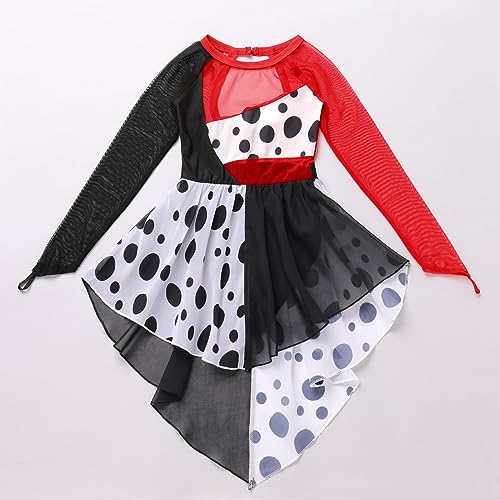 Girls Dalmatian Costume Halloween Cosplay Carnival Birthday Party Themed Fancy Dress Up Kids Ice Figure Skating Ballet Dance Outfit Mesh Long Sleeve Leotard Dress Gymnastics Dancewear Black + Red 3-4Y