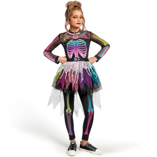 Spooktacular Creations Funky Skeleton Tutu Dress for Girls, Punky Bones Colorful Skeleton Costume for Halloween Dress Party-S