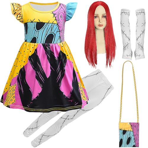 shyhand Sally Costume for Girls Kids Nightmare Before Christmas Dress Wig Pants Accessories Sally Cosplay Outfit 3-12 Years