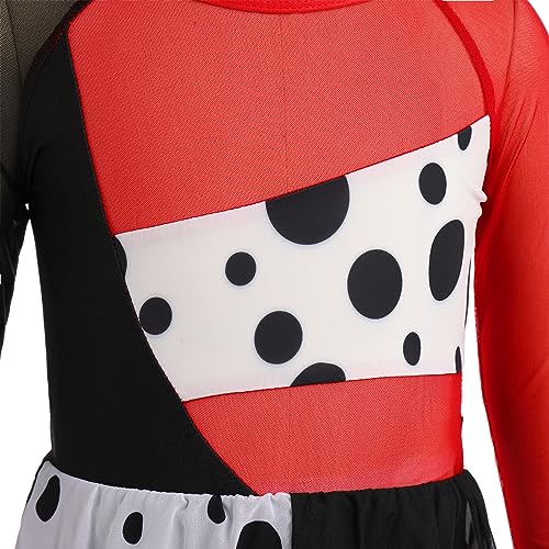 Girls Dalmatian Costume Halloween Cosplay Carnival Birthday Party Themed Fancy Dress Up Kids Ice Figure Skating Ballet Dance Outfit Mesh Long Sleeve Leotard Dress Gymnastics Dancewear Black + Red 3-4Y