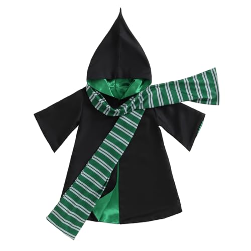 Twopumpkin Toddler Baby Boy Girl Halloween Costumes Wizard Costume Long Sleeve Hooded Wizard Cloak Witch Robe With Scarf (Wizard Robe+Scarf Green, 6-12 Months)
