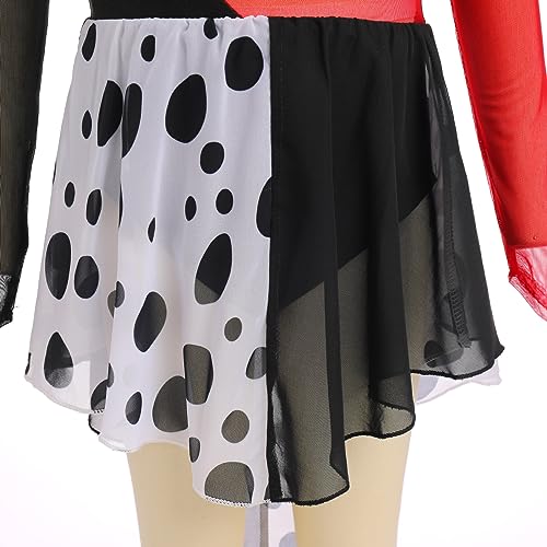 Girls Dalmatian Costume Halloween Cosplay Carnival Birthday Party Themed Fancy Dress Up Kids Ice Figure Skating Ballet Dance Outfit Mesh Long Sleeve Leotard Dress Gymnastics Dancewear Black + Red 3-4Y
