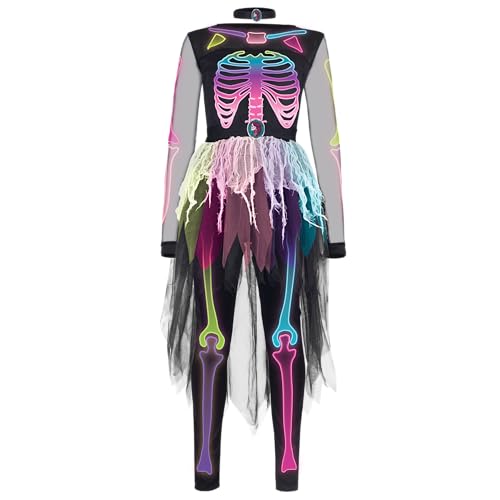 Spooktacular Creations Funky Skeleton Tutu Dress for Girls, Punky Bones Colorful Skeleton Costume for Halloween Dress Party-S