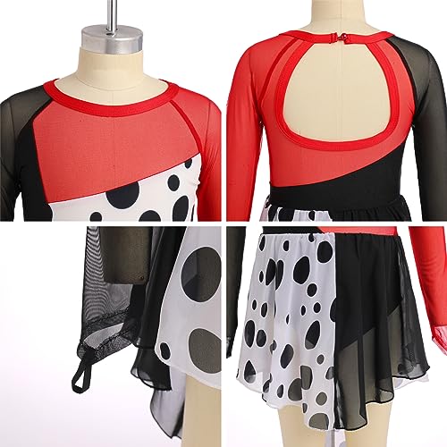 Girls Dalmatian Costume Halloween Cosplay Carnival Birthday Party Themed Fancy Dress Up Kids Ice Figure Skating Ballet Dance Outfit Mesh Long Sleeve Leotard Dress Gymnastics Dancewear Black + Red 3-4Y