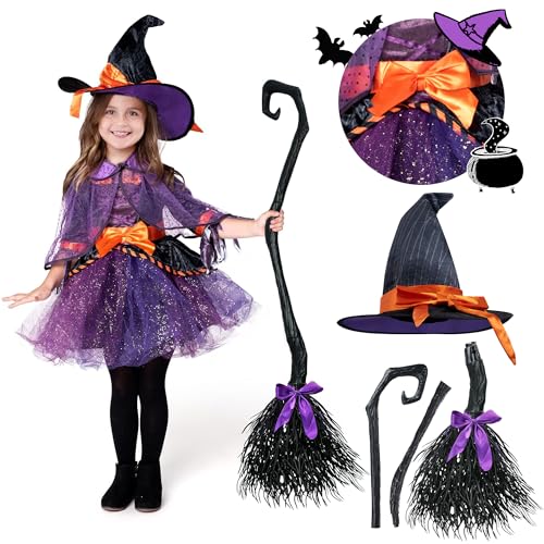 Spooktacular Creations Child Girl Orange Purple Witch costume with Broom for Girls Halloween Dress Up (Large(10-12 yr))