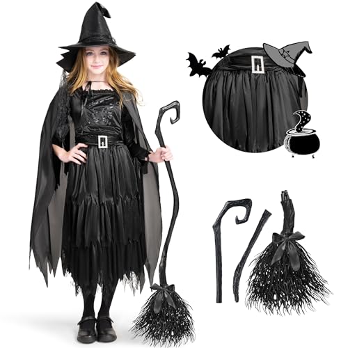 Spooktacular Creations Classic Child Witch Costume Gothic Sorceress Girl Black Witch with Broom for Halloween (X-Large(12-14yr))