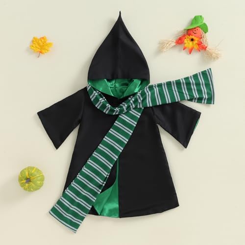 Twopumpkin Toddler Baby Boy Girl Halloween Costumes Wizard Costume Long Sleeve Hooded Wizard Cloak Witch Robe With Scarf (Wizard Robe+Scarf Green, 6-12 Months)