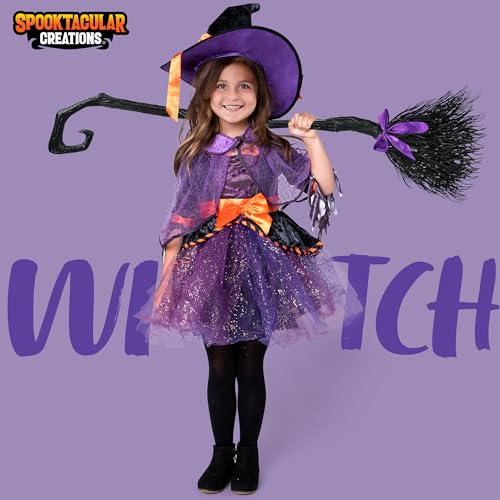 Spooktacular Creations Child Girl Orange Purple Witch costume with Broom for Girls Halloween Dress Up (Large(10-12 yr))
