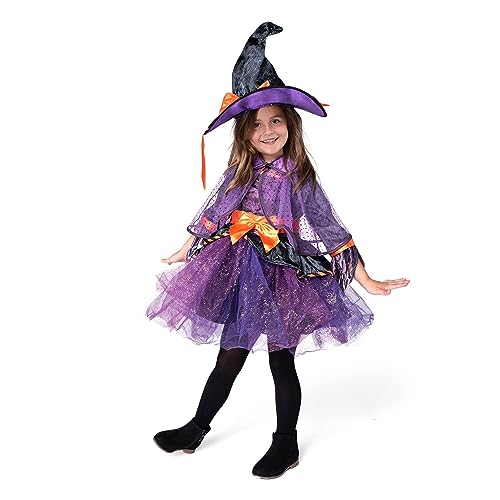 Spooktacular Creations Child Girl Orange Purple Witch costume with Broom for Girls Halloween Dress Up (Large(10-12 yr))