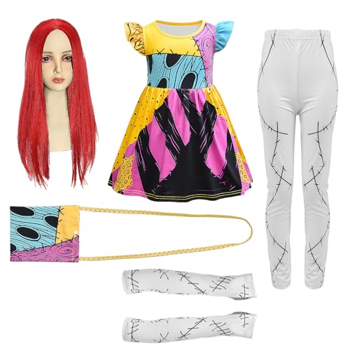 shyhand Sally Costume for Girls Kids Nightmare Before Christmas Dress Wig Pants Accessories Sally Cosplay Outfit 3-12 Years