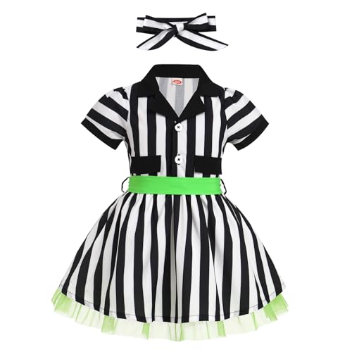 Girls Black and White Striped Dress Casual Vertical Black and White Stripe Tutu Dress 1950s 50s Dress Kids Halloween Dresses for Toddler Girls Cosplay Costume Belted Bow Headband Stripes 18-24 Months