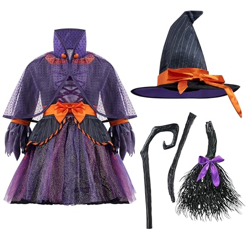 Spooktacular Creations Child Girl Orange Purple Witch costume with Broom for Girls Halloween Dress Up (Large(10-12 yr))