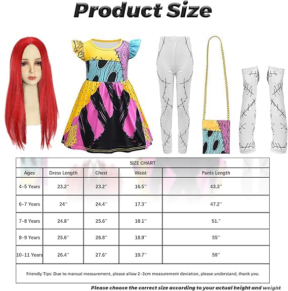 shyhand Sally Costume for Girls Kids Nightmare Before Christmas Dress Wig Pants Accessories Sally Cosplay Outfit 3-12 Years