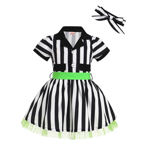 Girls Black and White Striped Dress Casual Vertical Black and White Stripe Tutu Dress 1950s 50s Dress Kids Halloween Dresses for Toddler Girls Cosplay Costume Belted Bow Headband Stripes 18-24 Months