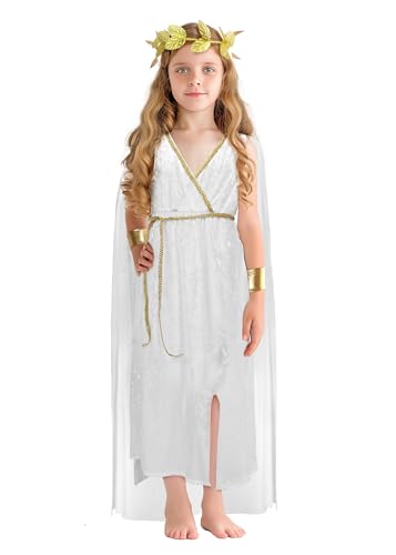 JEGERMIG Greek Costume Kids Toga Roman Goddess Athena Children Halloween Cosplay Grecian Dress Up Outfit Set