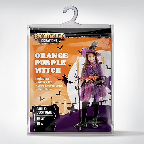 Spooktacular Creations Child Girl Orange Purple Witch costume with Broom for Girls Halloween Dress Up (Large(10-12 yr))