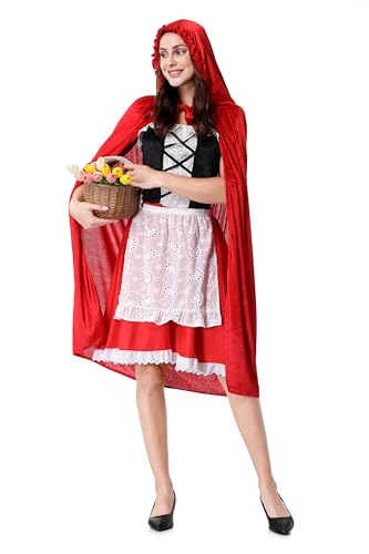 Colorful House Adult Little Red Riding Hood Costume for Women Red Riding Hood Dress Halloween Party Dress(Small,Off Shoulder)