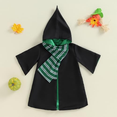 Twopumpkin Toddler Baby Boy Girl Halloween Costumes Wizard Costume Long Sleeve Hooded Wizard Cloak Witch Robe With Scarf (Wizard Robe+Scarf Green, 6-12 Months)