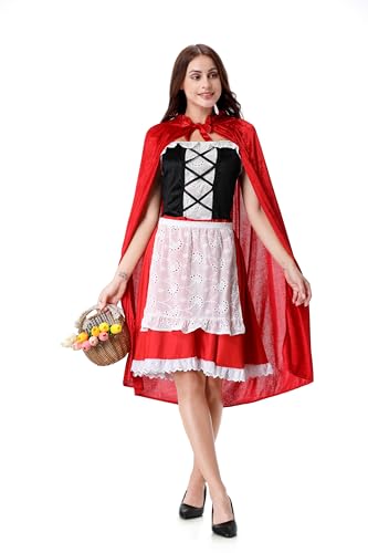 Colorful House Adult Little Red Riding Hood Costume for Women Red Riding Hood Dress Halloween Party Dress(Small,Off Shoulder)