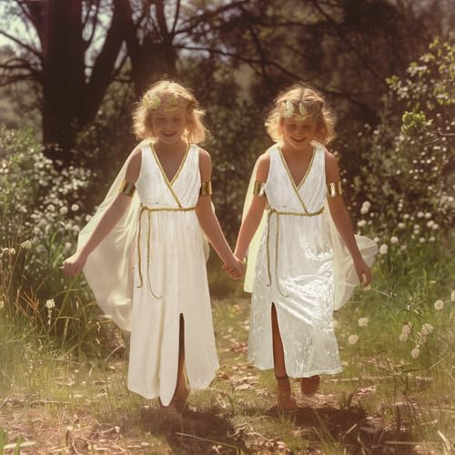 JEGERMIG Greek Costume Kids Toga Roman Goddess Athena Children Halloween Cosplay Grecian Dress Up Outfit Set