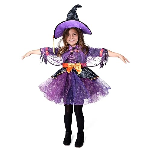 Spooktacular Creations Child Girl Orange Purple Witch costume with Broom for Girls Halloween Dress Up (Large(10-12 yr))