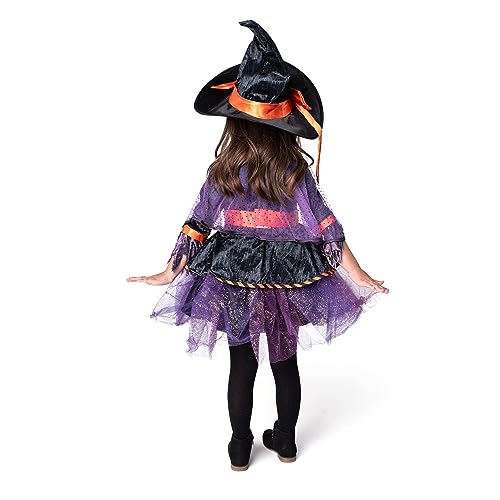 Spooktacular Creations Child Girl Orange Purple Witch costume with Broom for Girls Halloween Dress Up (Large(10-12 yr))