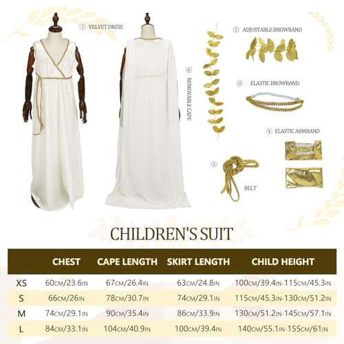 JEGERMIG Greek Costume Kids Toga Roman Goddess Athena Children Halloween Cosplay Grecian Dress Up Outfit Set
