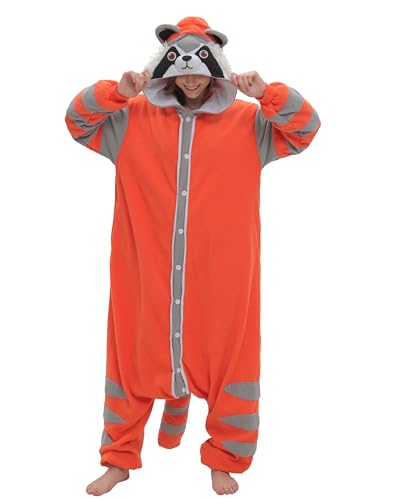 SimZoo Adult Animal Onesie Pajamas, Men and Women's Oange Raccoon Animal Cosplay Costume Sleepwear, One-Piece Unisex Homewear Medium