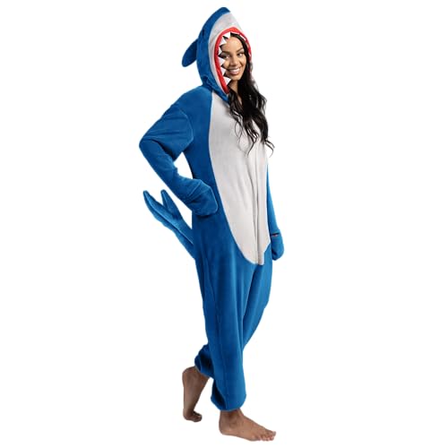 Spooktacular Creations Shark Costume, Plush Adult Shark Pajama, One Piece Shark Costume with Hat Tail Shark Hoodie for Halloween Dress Up Role Play Themed Parties, Blue, M