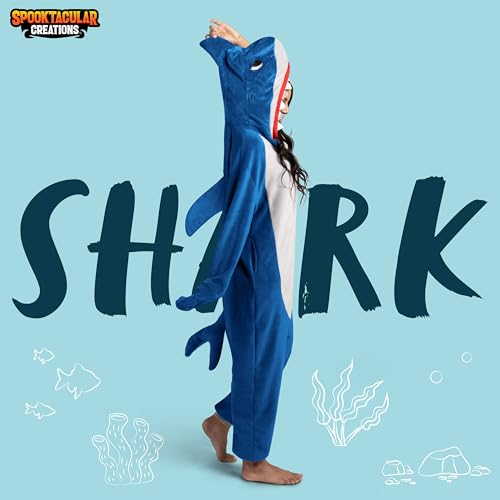 Spooktacular Creations Shark Costume, Plush Adult Shark Pajama, One Piece Shark Costume with Hat Tail Shark Hoodie for Halloween Dress Up Role Play Themed Parties, Blue, M