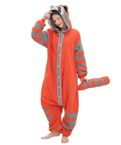 SimZoo Adult Animal Onesie Pajamas, Men and Women's Oange Raccoon Animal Cosplay Costume Sleepwear, One-Piece Unisex Homewear Medium