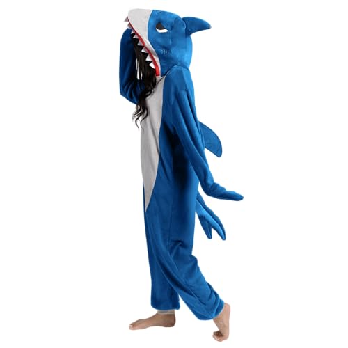 Spooktacular Creations Shark Costume, Plush Adult Shark Pajama, One Piece Shark Costume with Hat Tail Shark Hoodie for Halloween Dress Up Role Play Themed Parties, Blue, M