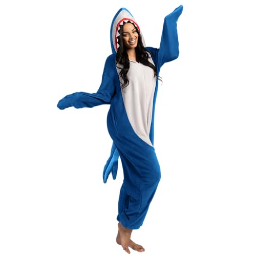 Spooktacular Creations Shark Costume, Plush Adult Shark Pajama, One Piece Shark Costume with Hat Tail Shark Hoodie for Halloween Dress Up Role Play Themed Parties, Blue, M