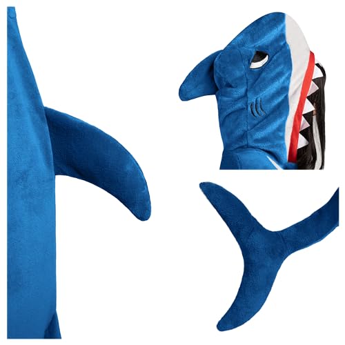 Spooktacular Creations Shark Costume, Plush Adult Shark Pajama, One Piece Shark Costume with Hat Tail Shark Hoodie for Halloween Dress Up Role Play Themed Parties, Blue, M