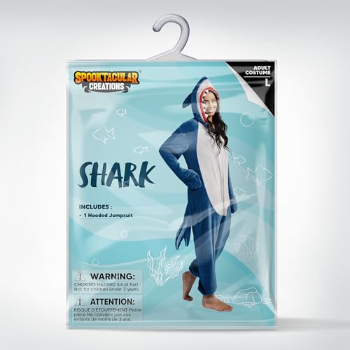 Spooktacular Creations Shark Costume, Plush Adult Shark Pajama, One Piece Shark Costume with Hat Tail Shark Hoodie for Halloween Dress Up Role Play Themed Parties, Blue, M