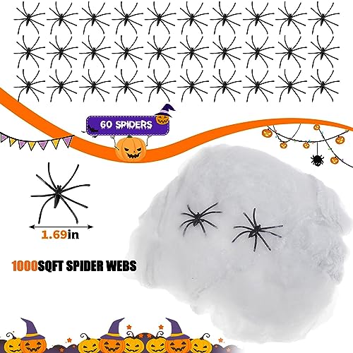 CNSSKJ Spider Webs Halloween Decorations,1000Sqft Spider Webs with 60 Fake Spiders, Stretchable Cobwebs for Indoor/Outdoor Scary Atmosphere, Parties, and Haunted Houses (1)