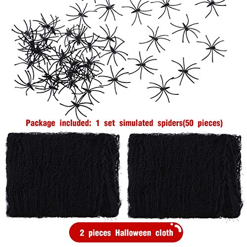 2 Pieces Halloween Creepy Spider Webs Scary Gauze Cloth Doorways with 50 Pieces Fake Spiders for Halloween Decorations (Black)