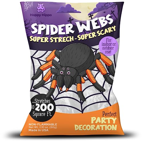 Happy Hippo Halloween Spider Web Decoration, Plastic Spiders, Party Supplies, Spider Webs (Small, 200 Sq Feet)