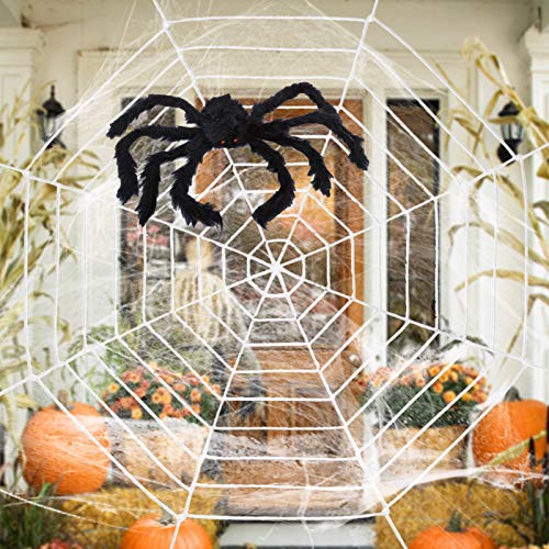 ESSENSON Halloween Decorations - 12 FT Giant Round Spider Web and Fake Large Hairy Spider Props Scary Halloween Yard Door & Outdoor Decor with Super Stretch Cobweb Decorations Party Favors