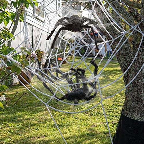 ESSENSON Halloween Decorations - 12 FT Giant Round Spider Web and Fake Large Hairy Spider Props Scary Halloween Yard Door & Outdoor Decor with Super Stretch Cobweb Decorations Party Favors