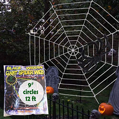 ESSENSON Halloween Decorations - 12 FT Giant Round Spider Web and Fake Large Hairy Spider Props Scary Halloween Yard Door & Outdoor Decor with Super Stretch Cobweb Decorations Party Favors