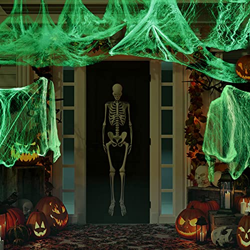 Glow in The Dark Spider Web Halloween Fake Spider Web White Stretch Spider Webs Halloween Decoration Cobwebs for Creepy Halloween Home and Party Indoor and Outdoor Decor, 200 g(2)