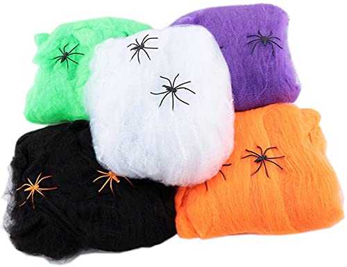 5 Colors Halloween Spider Web Decorations，Super Stretch Spider Webs with 10 Plastic Fake Spiders,Indoor & Outdoor Spooky cobwebs，Haunted House Bar Decoration Props Halloween Party Supplies(Purple, Orange, Green, White, Black)
